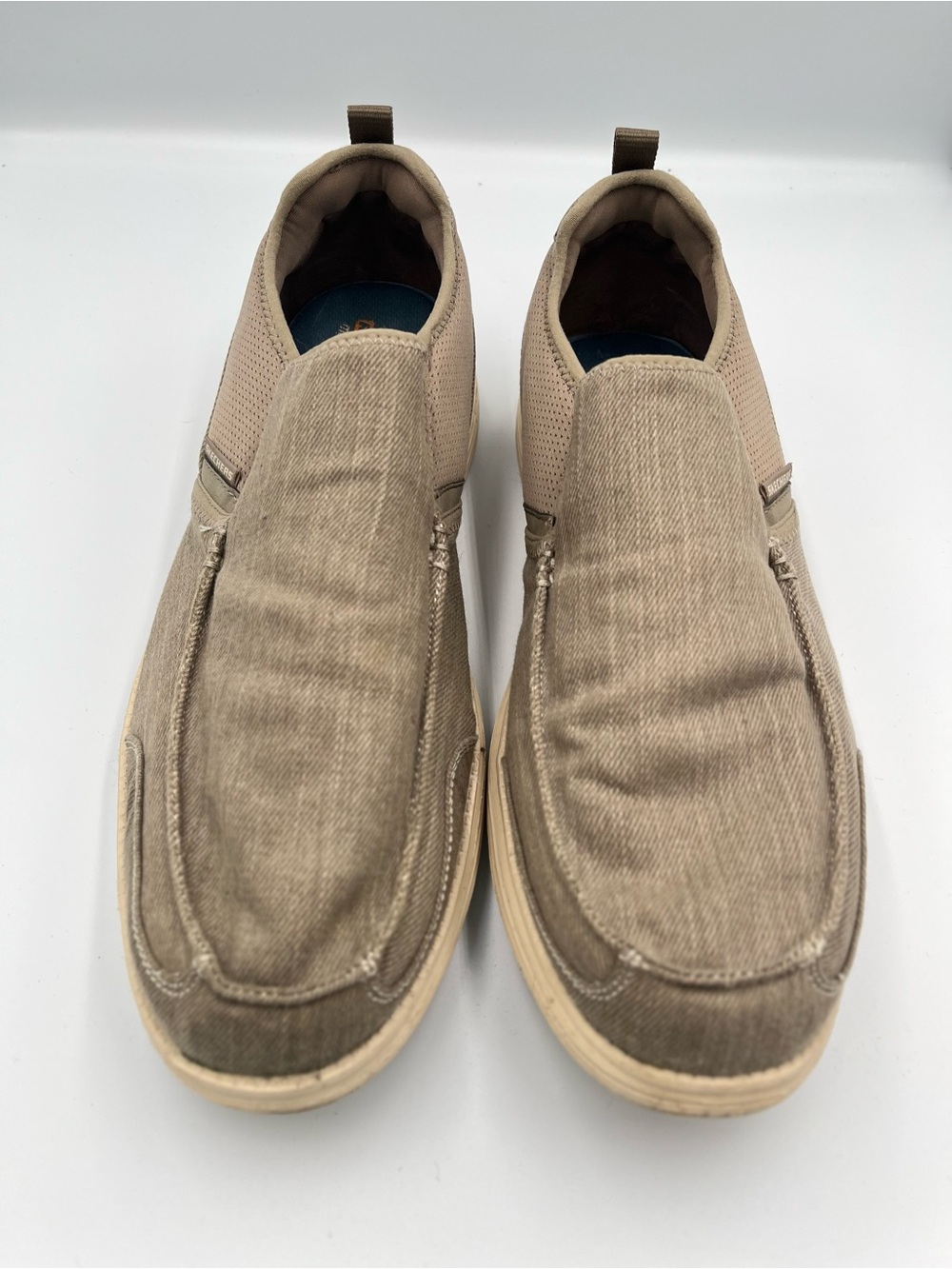 Skechers Men’s 13 Relaxed Fit Memory Foam Slip On Moc Toe Shoes Taupe Beige